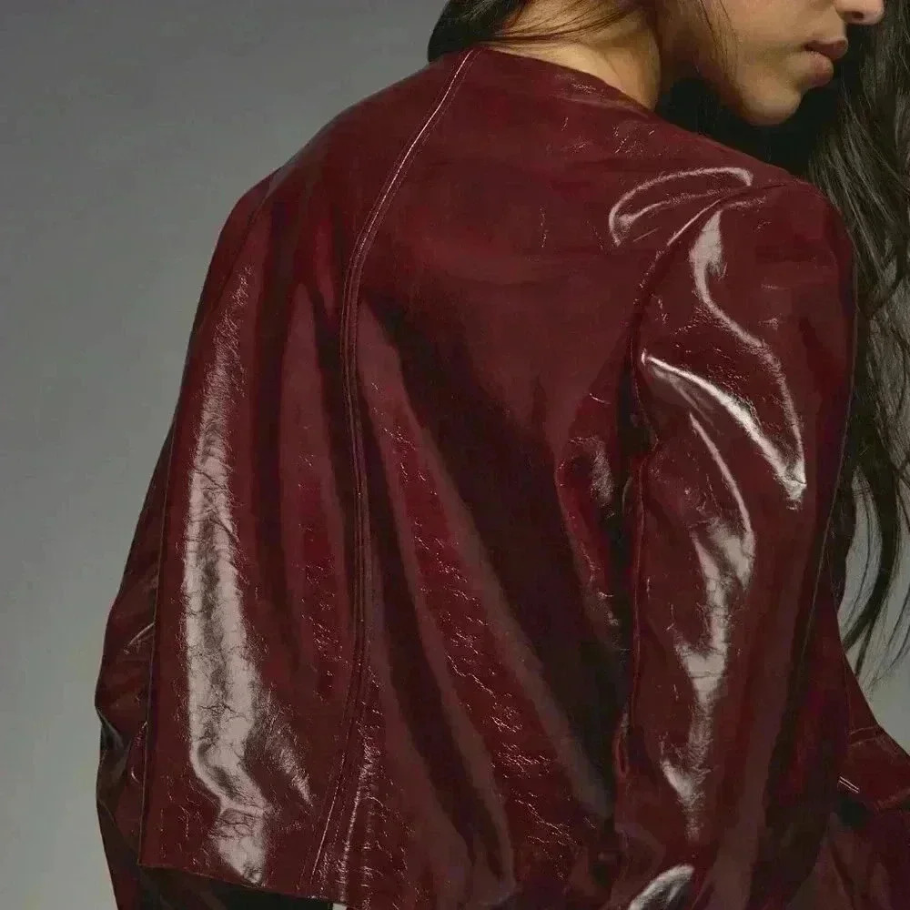 Burgundy Casual Women's Faux Leather Buttoned Round Neck Long Sleeves Jacket - Picture 6 of 8